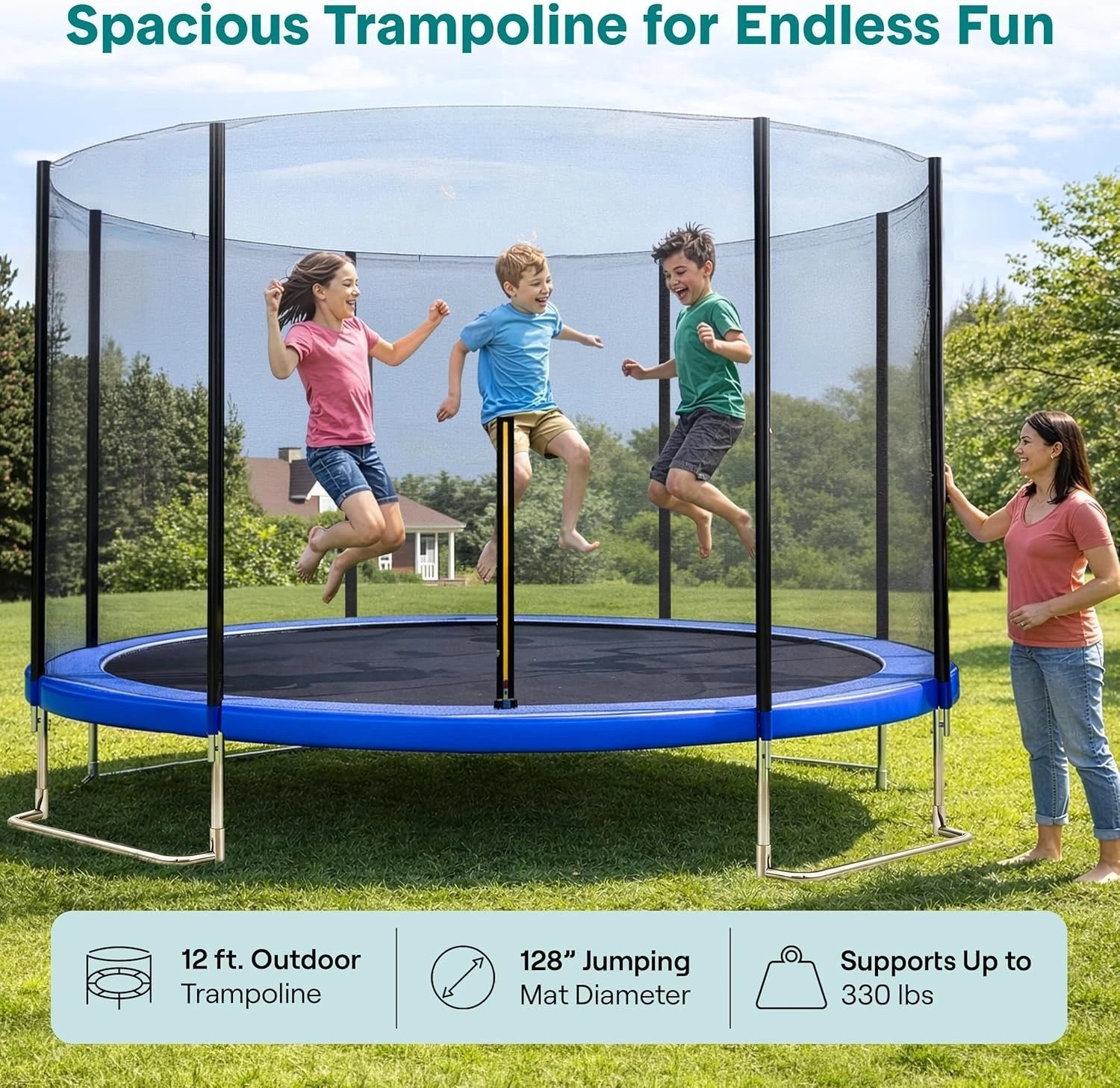 8FT 10FT 12FT 14FT Outdoor Trampoline for Kids – Recreational Backyard Trampoline with Curved Safety Poles and Net Enclosure- Astm Approval for Kids Adults - Image 5
