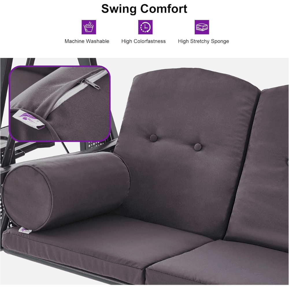 PURPLE LEAF 3-seat Outdoor Patio Porch Swing Adjustable Backrest, Cushions and Pillow Included - Image 3
