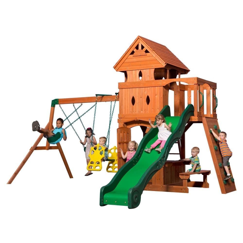 Wooden Swing Set with Playhouse and Snack Stand