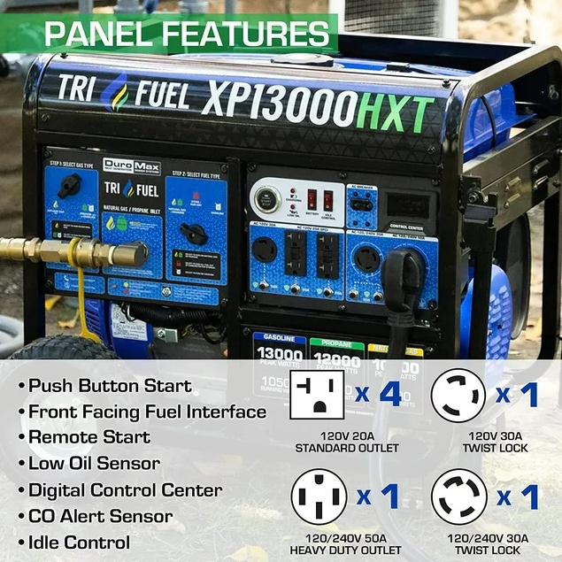 DuroMax XP13000HXT 13,000 Watt Electric Start Tri-Fuel Natural Gas/Propane/Gas Powered Portable Generator w/ CO Alert - Image 2