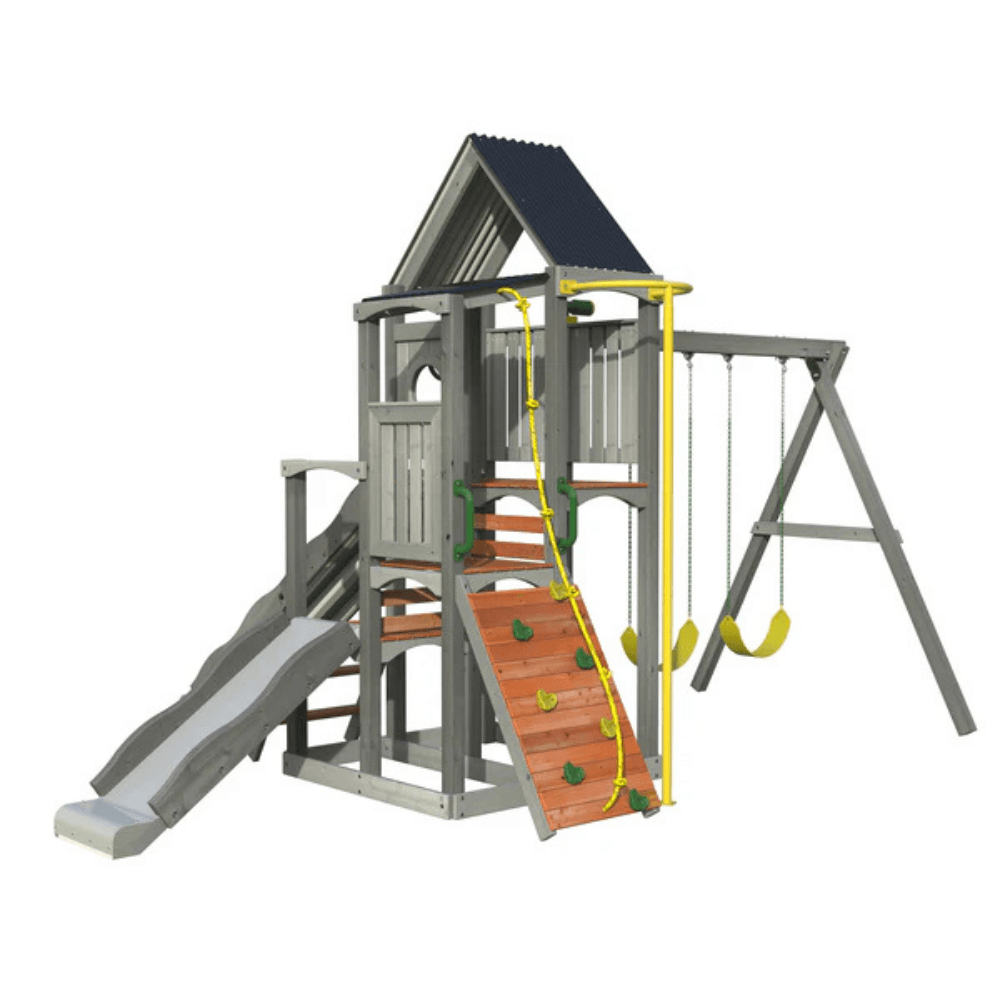 Wooden Swing Set with Rock Wall and Playhouse - Image 2