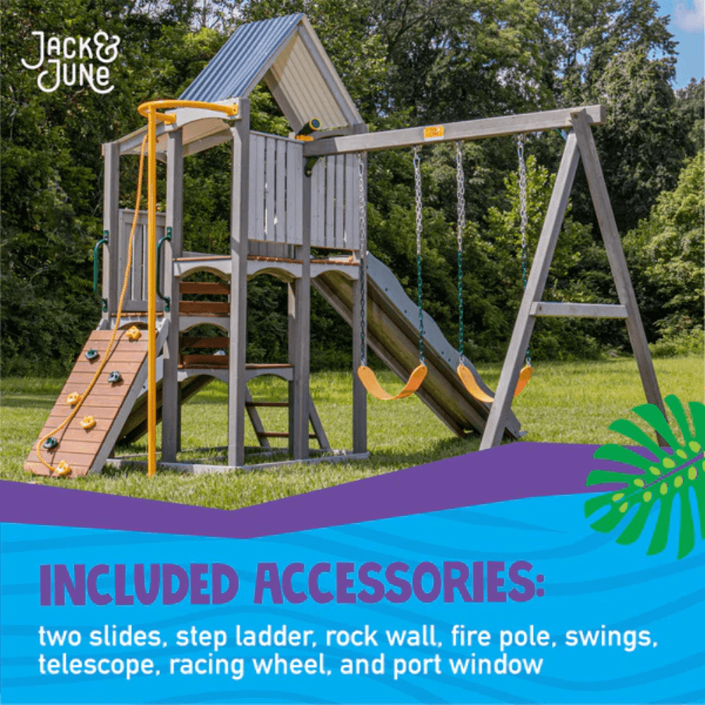 Wooden Swing Set with Rock Wall and Playhouse