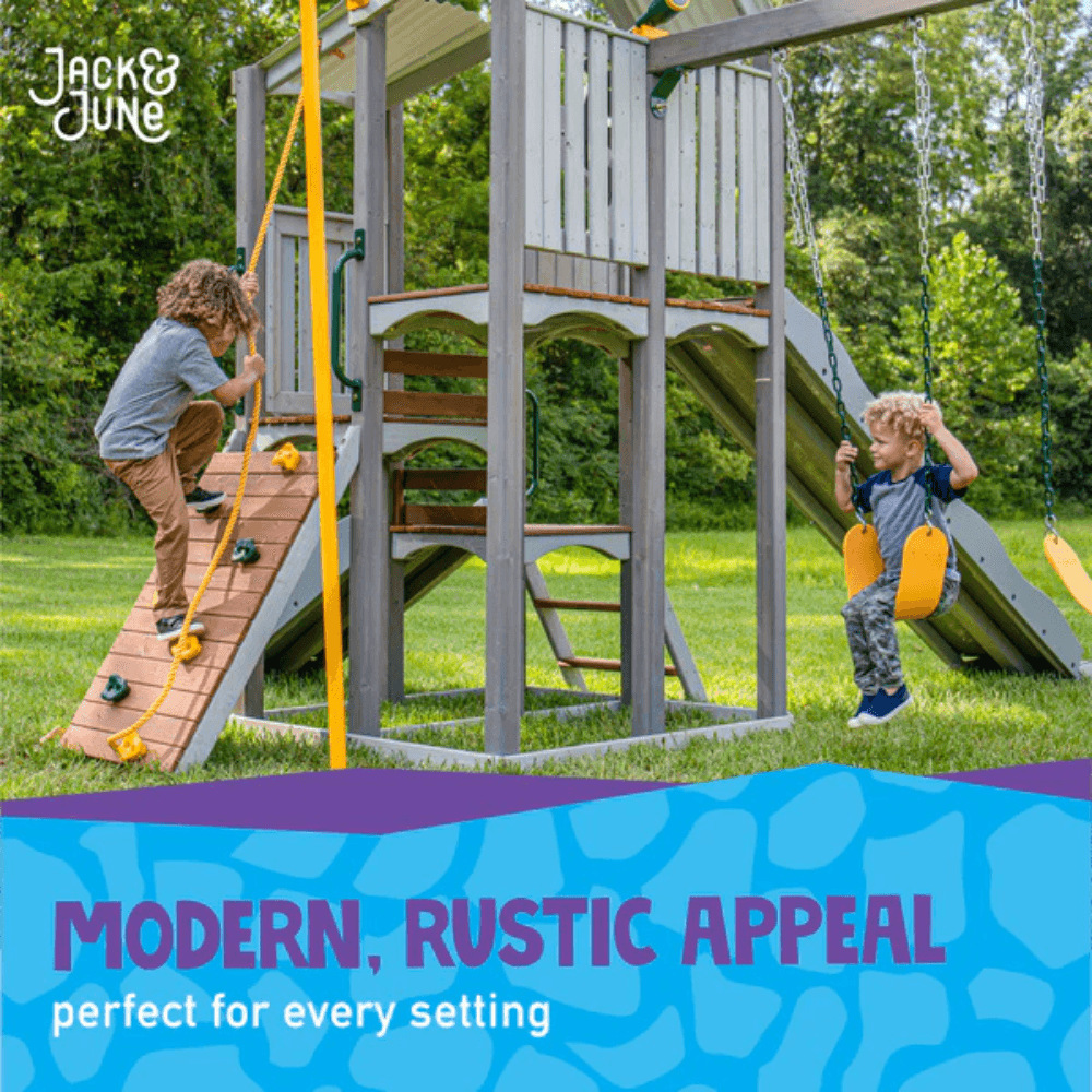 Wooden Swing Set with Rock Wall and Playhouse - Image 6
