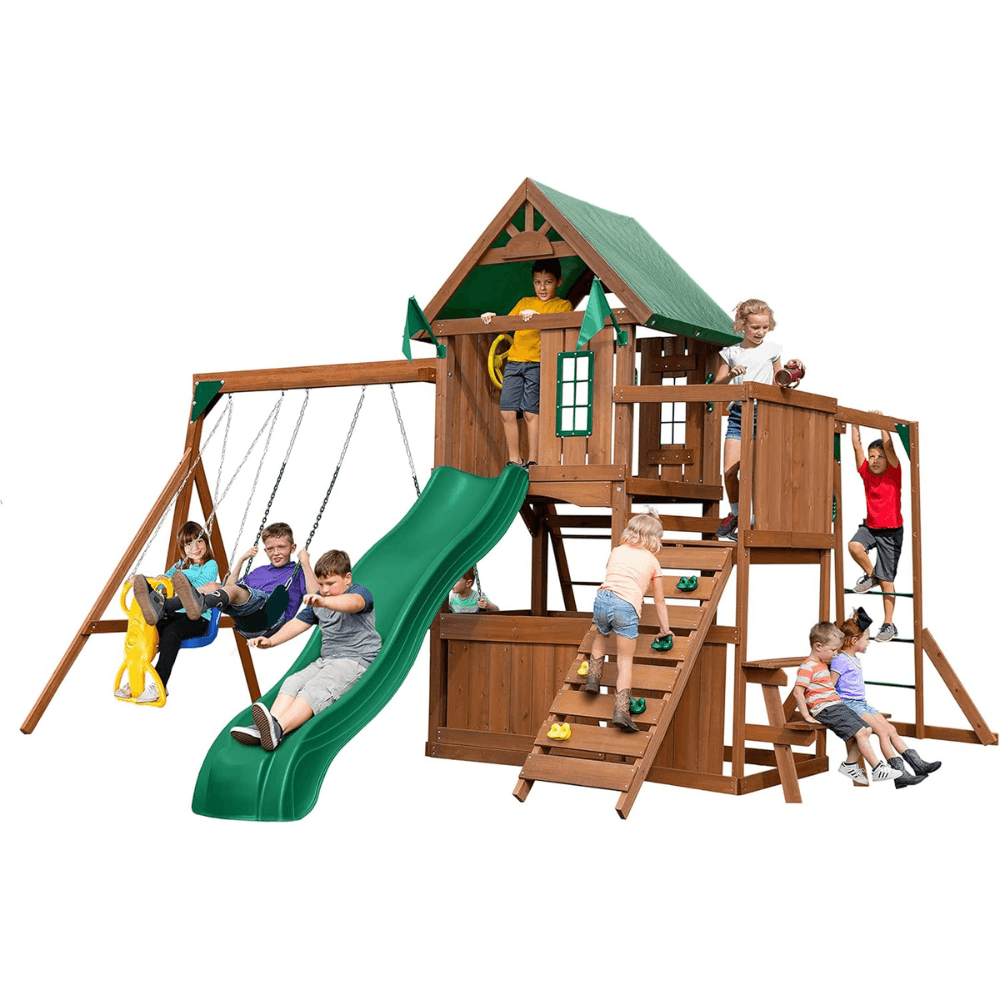 Plus Complete Wooden Outdoor Playset with Monkey Bars, Slide, Rock Wall and Swing Set Accessories - Image 9