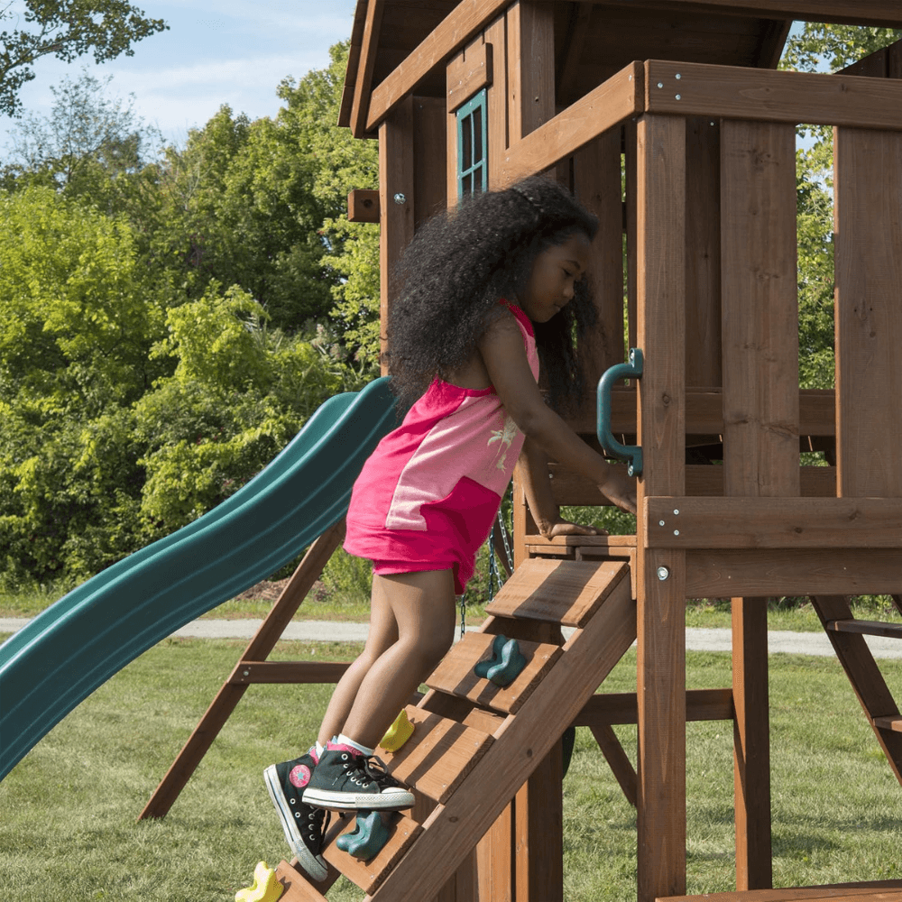 Plus Complete Wooden Outdoor Playset with Monkey Bars, Slide, Rock Wall and Swing Set Accessories