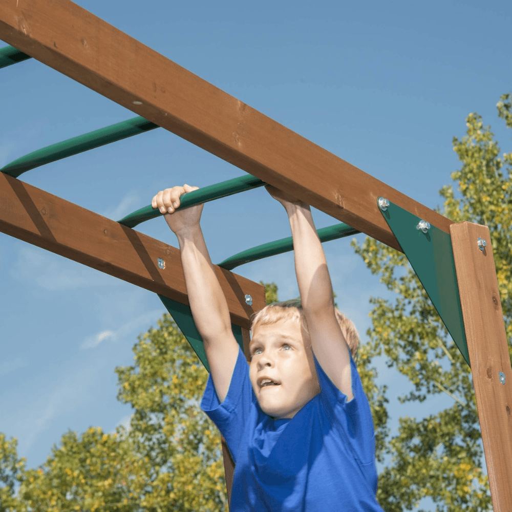 Plus Complete Wooden Outdoor Playset with Monkey Bars, Slide, Rock Wall and Swing Set Accessories - Image 3