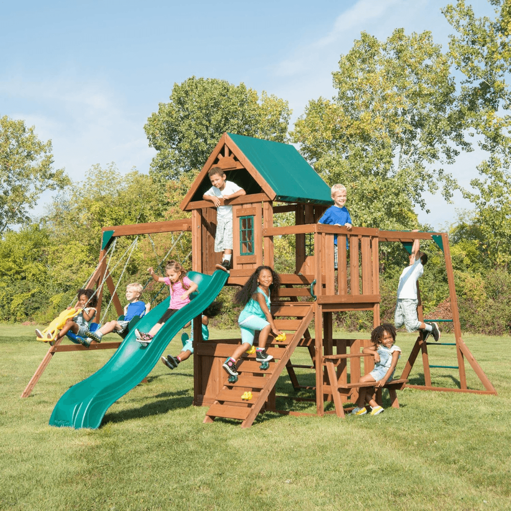 Plus Complete Wooden Outdoor Playset with Monkey Bars, Slide, Rock Wall and Swing Set Accessories - Image 4