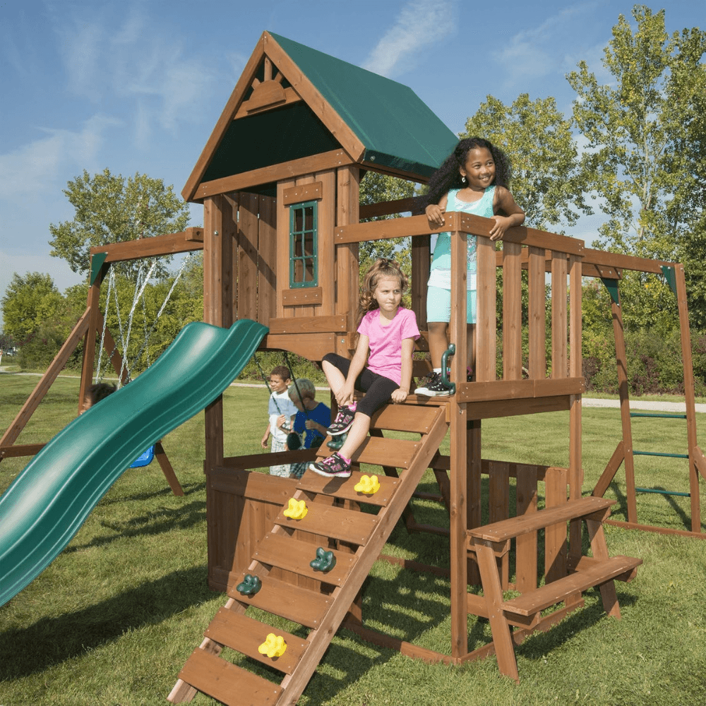 Plus Complete Wooden Outdoor Playset with Monkey Bars, Slide, Rock Wall and Swing Set Accessories - Image 5