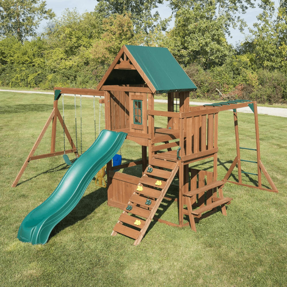 Plus Complete Wooden Outdoor Playset with Monkey Bars, Slide, Rock Wall and Swing Set Accessories - Image 6
